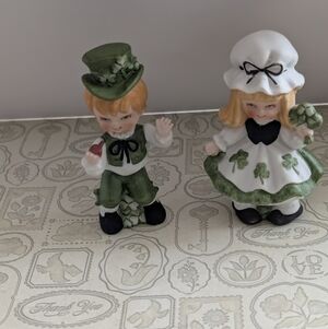 Vintage Lefton Irish Girl Figurine & Irish Boy Figurine Shamrock Kitsch Pair Set